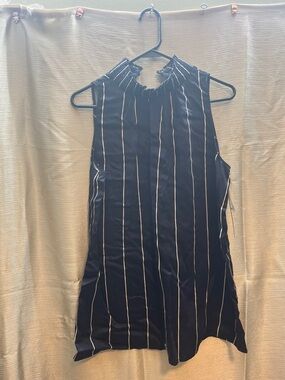 Tahari Black Sleeveless Pinstripe Mock-Neck Blouse